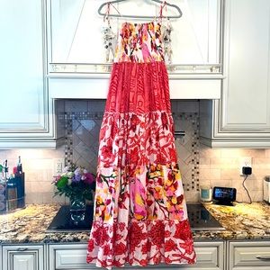 Pink Floral Hawaiian Maxi Dress Tropical Resort Vacation with Shell Tassel’s